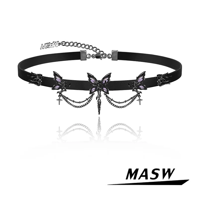 MASW Original Design Cool Style Elegant Temperament One Black Butterfly PU Choker Necklace For Women Girl Popular Jewelry Gift