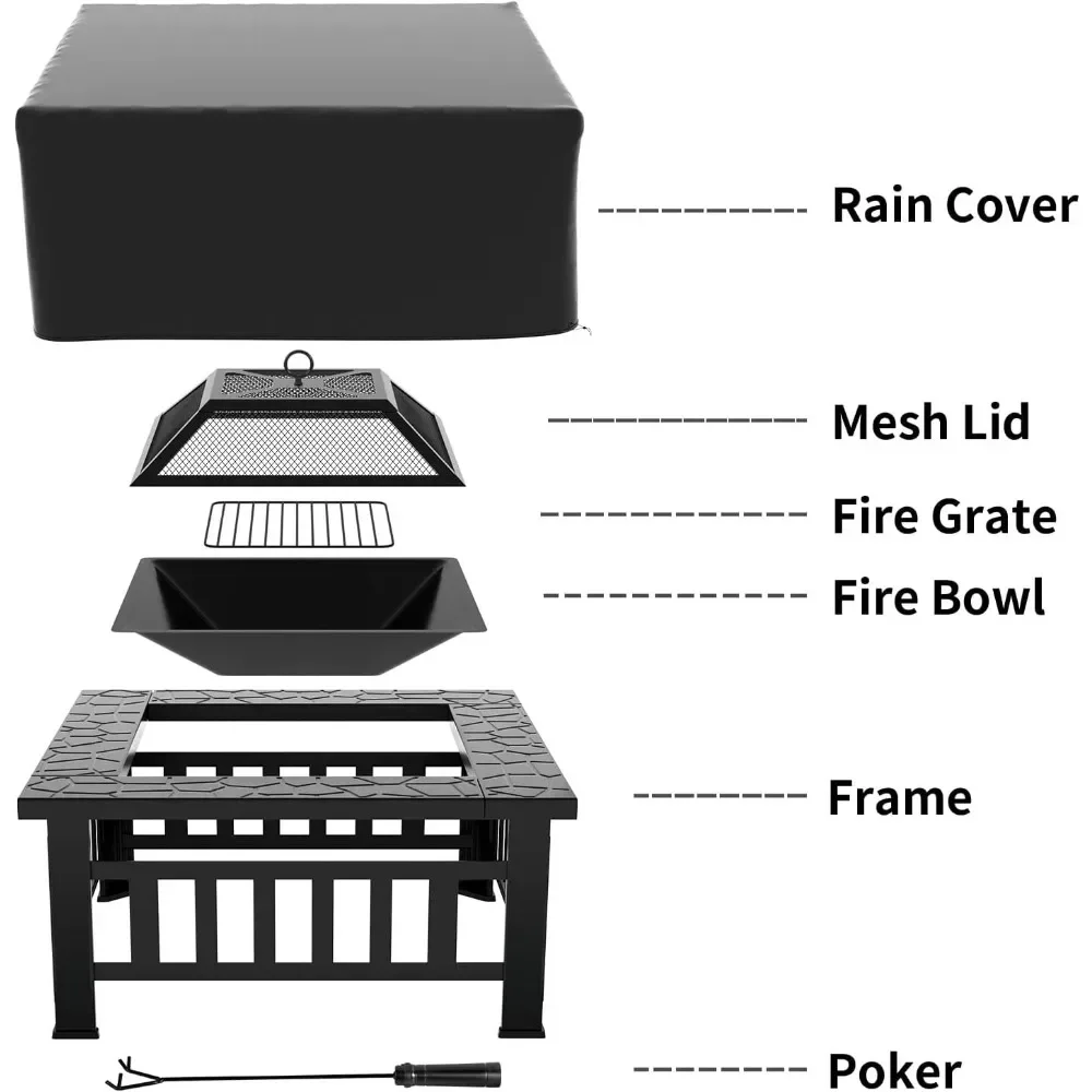 32in Fire Pit Table,Square Metal BBQ Firepit Stove Backyard Garden Fireplace with Spark Screen Lid and Rain Cover for Camping
