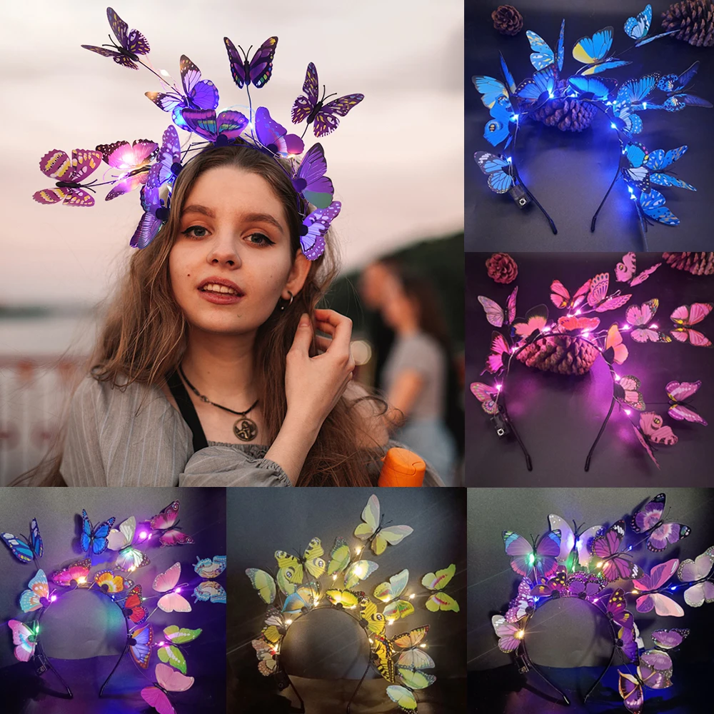 

1pc New LED Glow Butterfly Strap Headband Girls Colorful Butterfly Hair Strap Birthday Party Bridal Wedding Headwear Photo Props