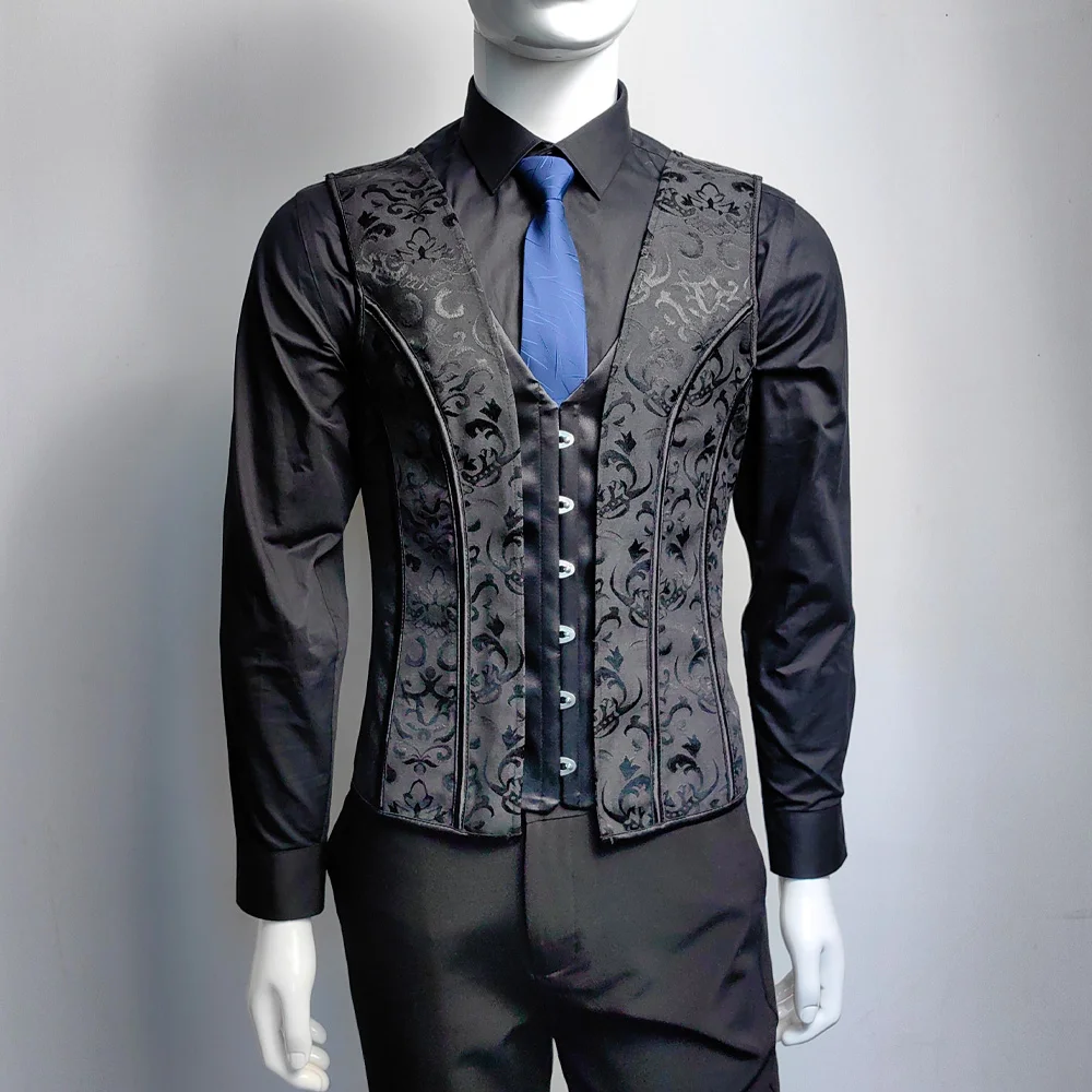 Description Picture 4 of itemMen Corset Vest Vintage Dress Waistcoat Waist Trainer Lace Up Boned Formal Tops For Wedding Stage Costumer All Black Print Tops