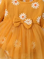 Newborn Baby Girl Romper Dress Long Sleeve Flowers Print Tulle Bodysuit Yellow Spring & Autumn Dress with Headband Clothes 4