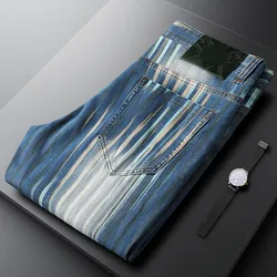 Fashionable men's blue personality color contrast striped jeans men slim stretch summer slim men's small straight leg pants