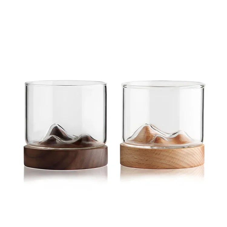 Mountain Whiskey Glass with Wooden Base Creative Heat Resistant Beer Glass Wine Water Tea Transparent Cup Bar Drinkware
