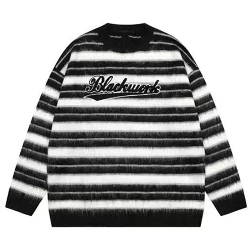 

2023 Winter New Men Sweater Vintage Harajuku Streetwear Embroidery Striped Knitwears Pullover Women Hip Hop Round Collar Sweater