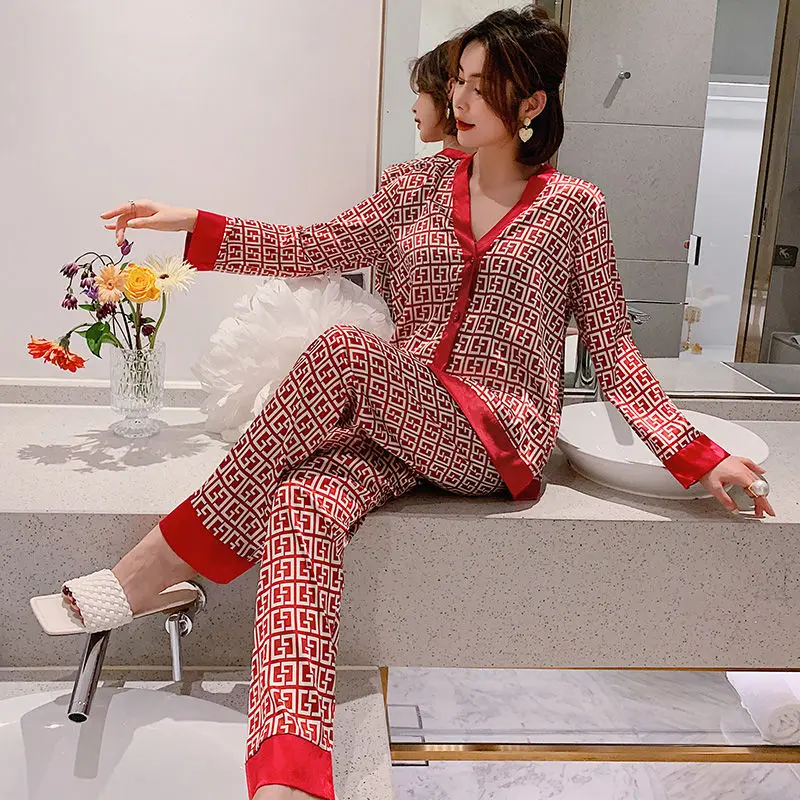 Pajamas for men and women in spring, summer and summer silk ice silk long-sleeved home clothes spring and autumn thin silk plus