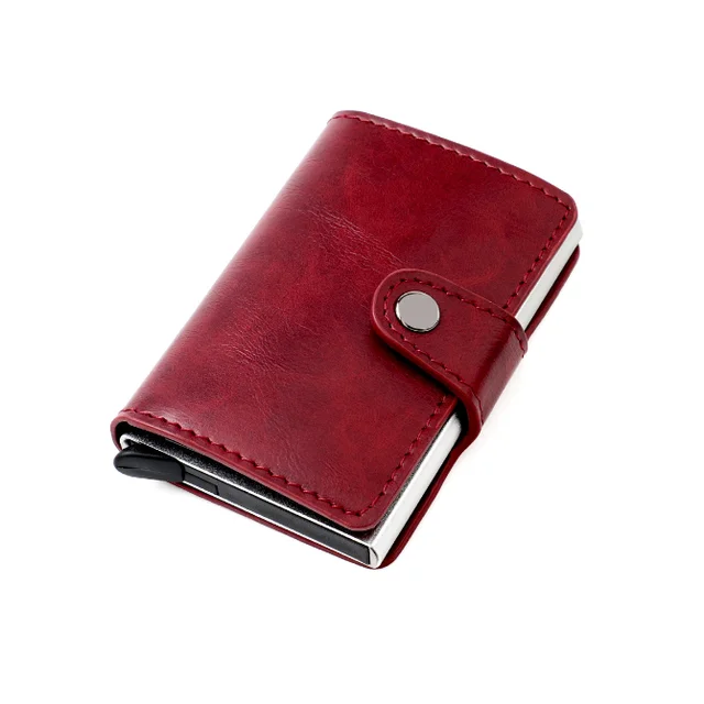 Blocking Vintage Men Credit Card Holder Aluminum Alloy Business ID Card Case Automatic Male Metal Leather Cardholder Wallet 2021 Red
