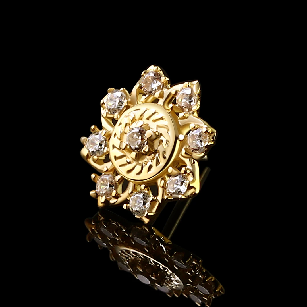 14K Solid Gold Threadless With Clear Zircon Stainless Steel Push Pin