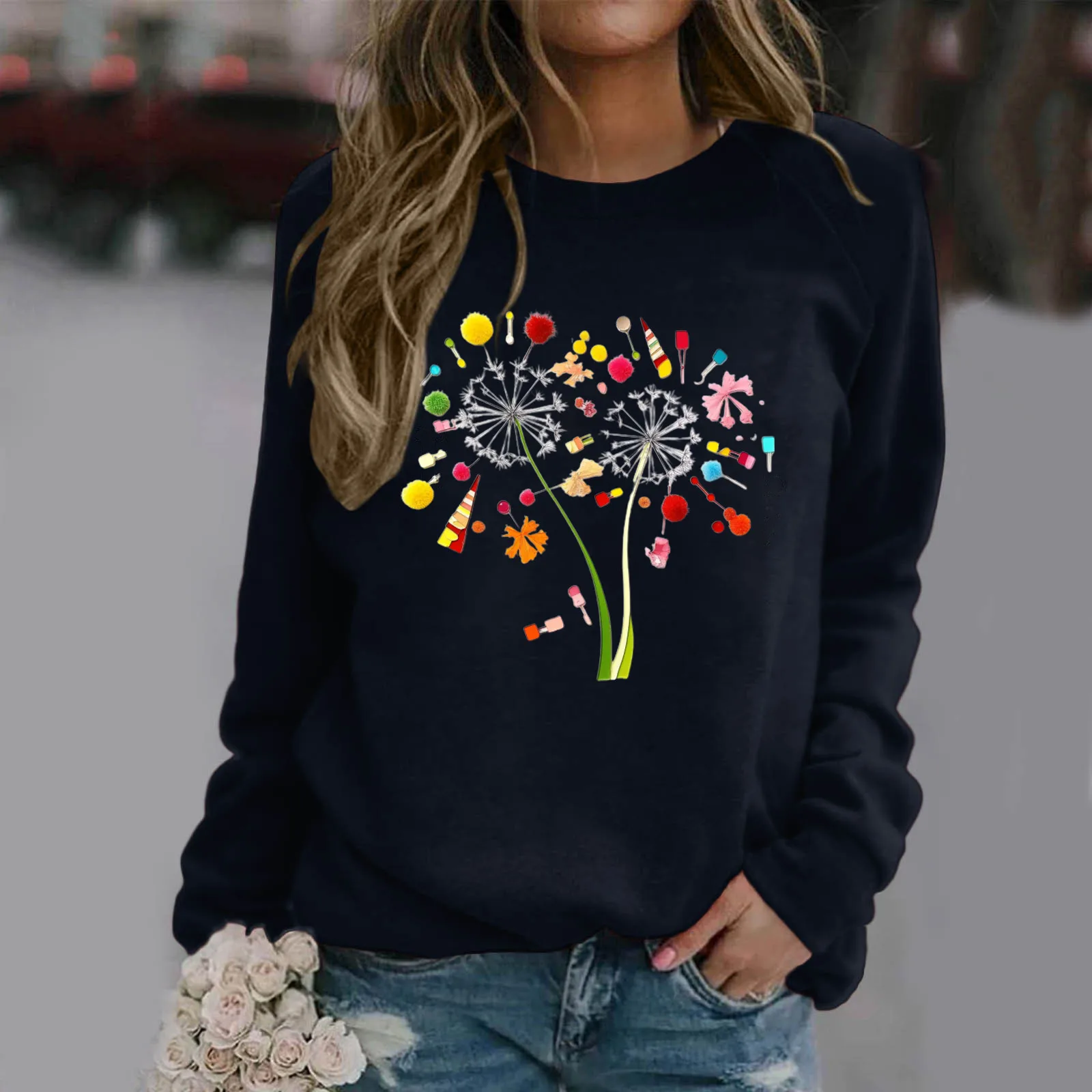 

Feat Hoodies Women Women's Casual Round Neck Raglan Long Sleeved Colorful Cute And Exquisite Dandelion Girl Sleepers Size 13