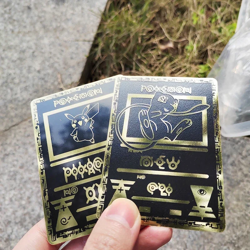 

2023 Metal Pokemon Cards Black Iron Eevee Pikachu Mewtwo Charizard Squirtle Shiny Letters Pokémon Game Collection Children Toys