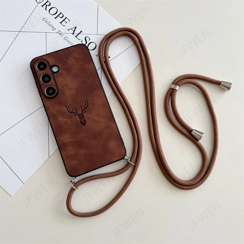Luxe Deer Head Leather Crossbody Lanyard Phone Case with Hard PC Back Cover