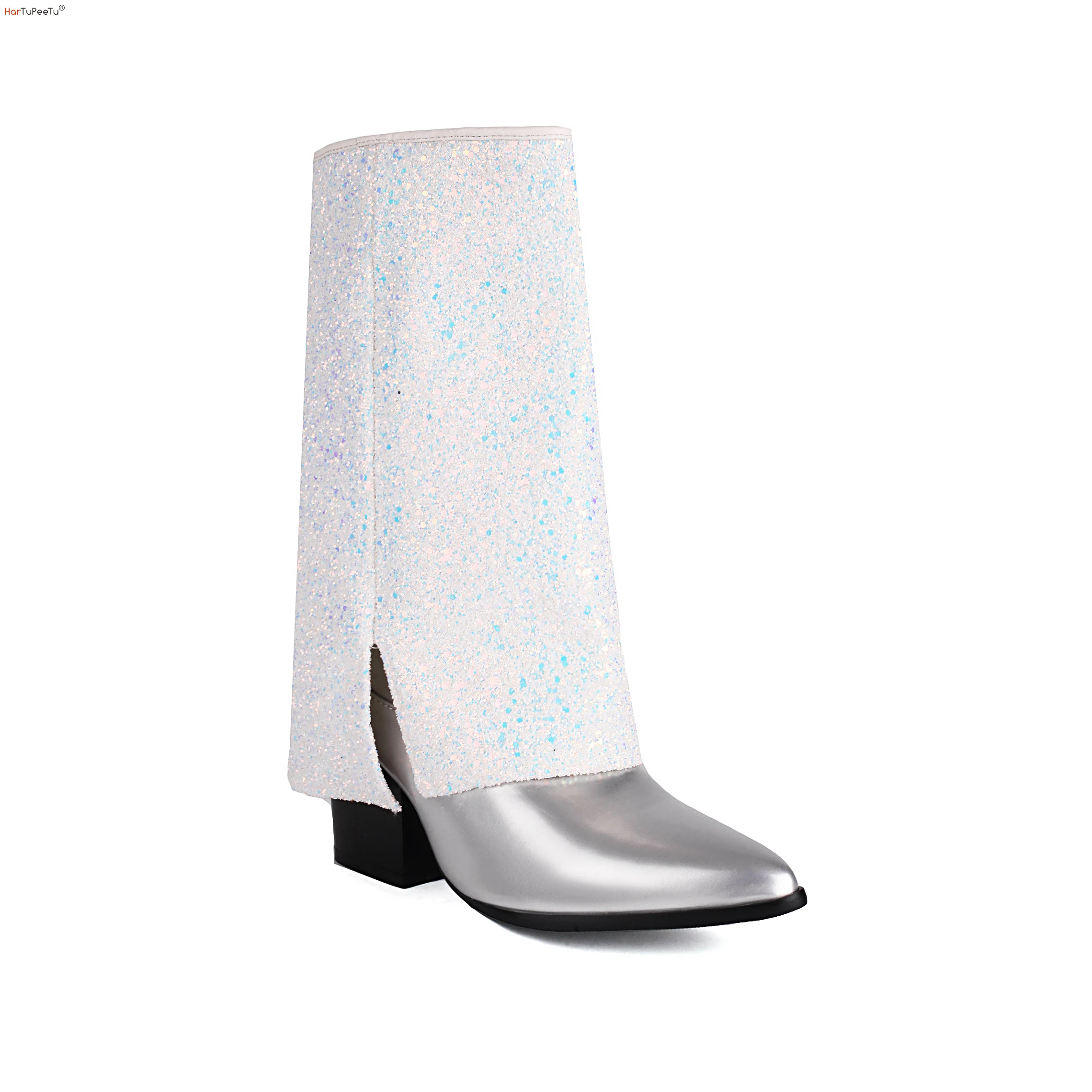 

2023 Autumn Winter Pleated Boots Women Mid Calf Leather Chunky Heels Shoes Pointed Toe Elegant Botas De Mujer US Size 4.5-14