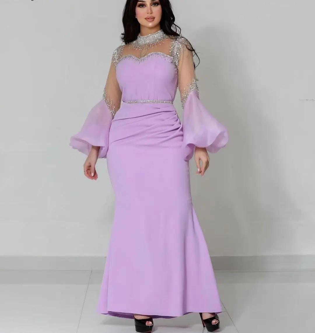 

Vintage Mermaid Long Sleeves Prom Dresses High Neck Beadings Pleated Floor Length Formal Party Dresses Zipper Back