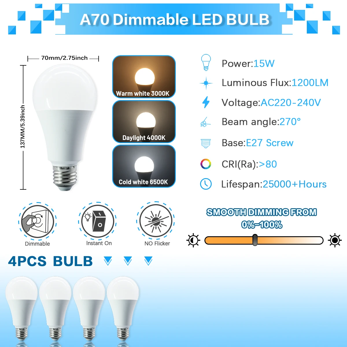 ตัวเลือกสินค้า หลอดไฟ LED ปรับแสงได้ 1-10 ชิ้น ขั้ว E27 รุ่น A70 ความสว่างสูง 15W 1200LM 3000K/4000K/6000K แสงเย็น ปราศจากการกระพริบ เหมาะสำหรับใช้ในบ้าน