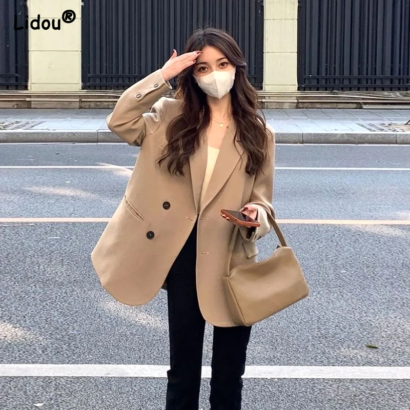 Business Casual Solid Color Notched Women's Clothing Loose Spring Autumn Blazers Thin Straight Coat Office Lady Button Pockets