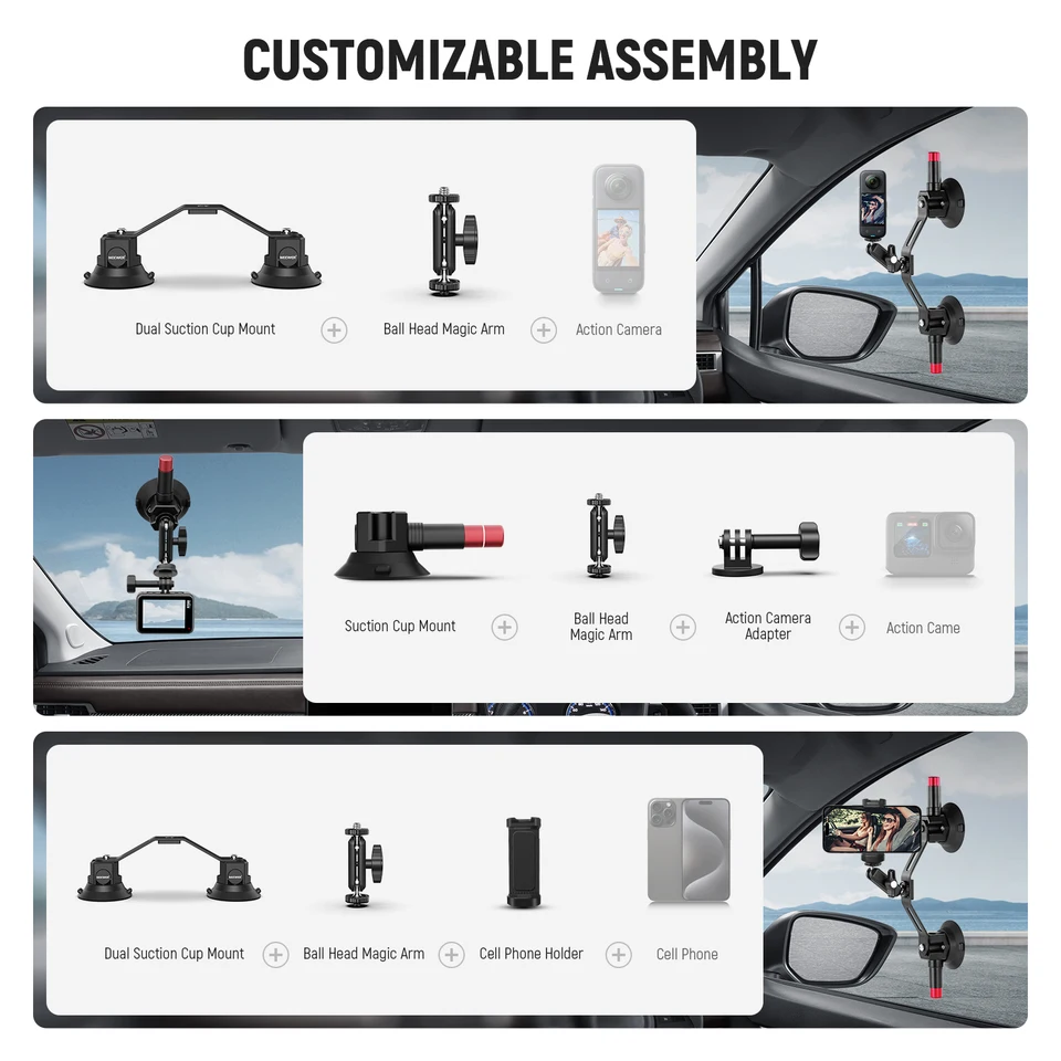 Dual Suction Cup Car Mount For GoPro & Phone – 360° Adjustable Magic Arm Kit With Quick Release