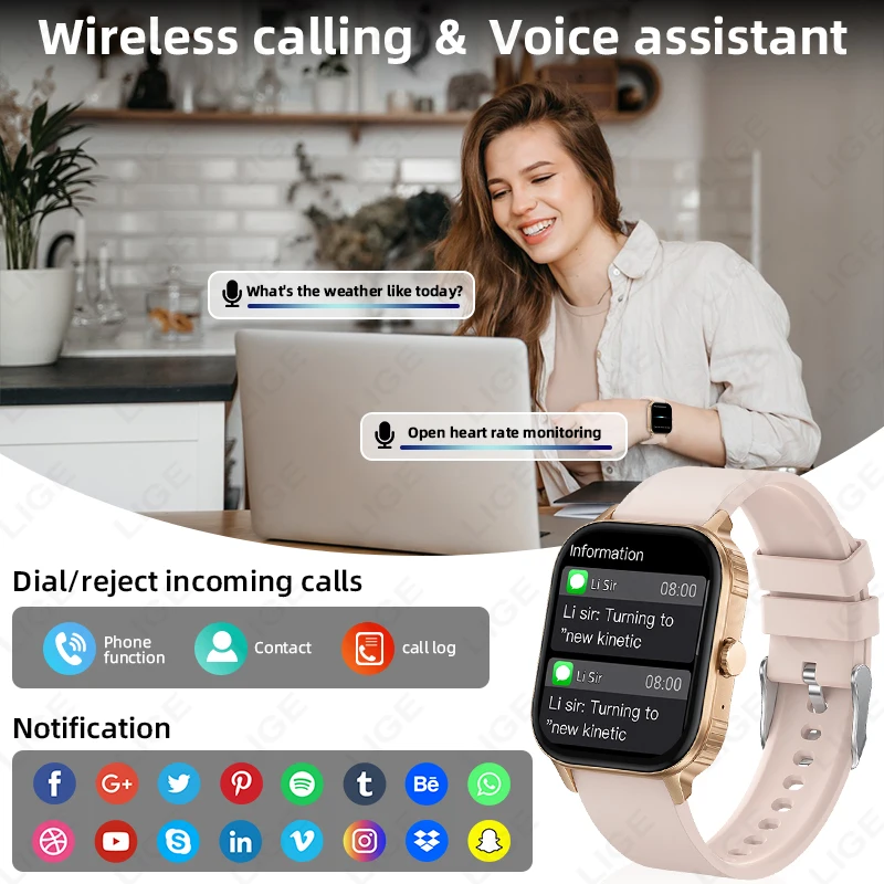 LIGE 1000mAh Battery Women Smartwatch Men Waterproof Heart Rate Sports 2.01-Inch HD Bluetooth Call Smart Watch For iOS Android