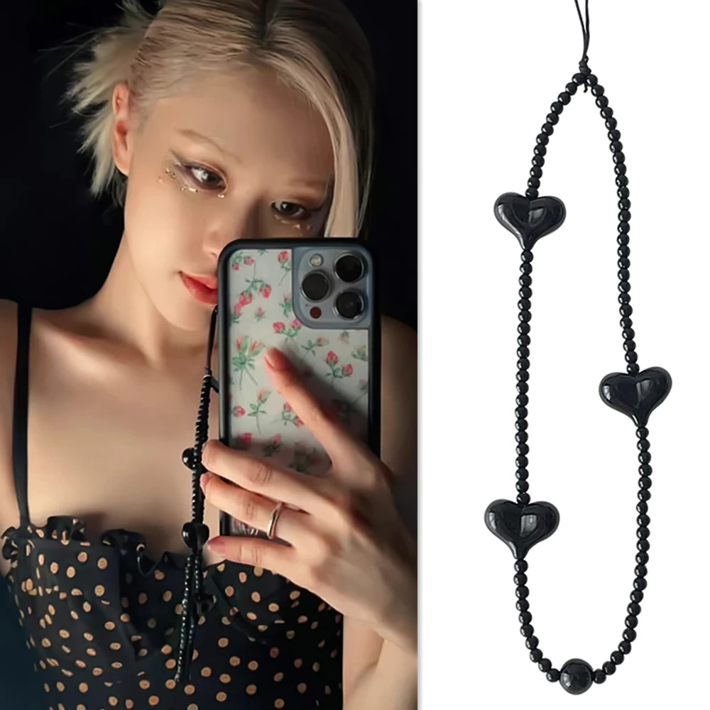 Correas de dijes de teléfono con corazón negro coreano, cadenas de teléfono celular con cuentas acrílicas, cordón de pulsera práctico, accesorios de joyería Y2K