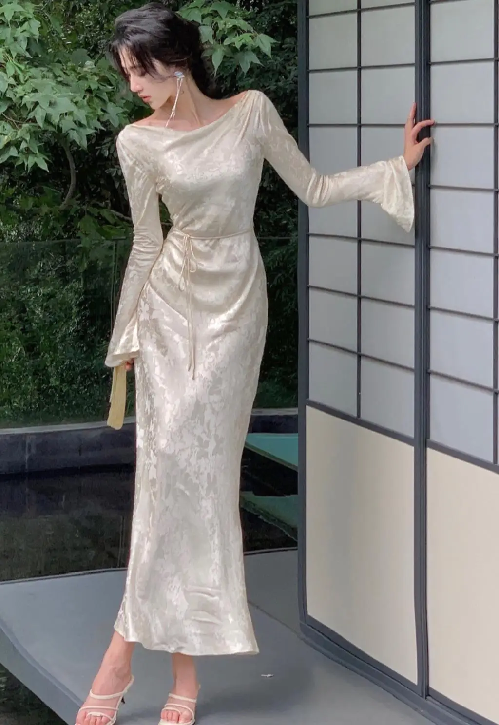 French Vintage Bodycon Evening Dresses for Women Autumn Wedding Prom Robe Flare Sleeve Swinging Collar Midi Vestidos Mujer New