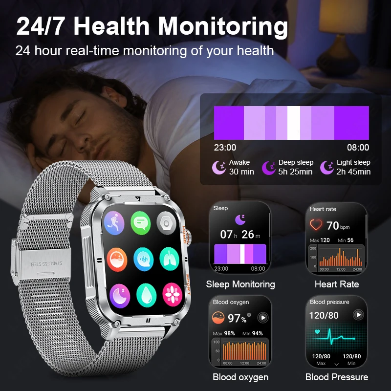 LIGE Smart Watch Military 2.01'' Large Screen Health Monitor Bluetooth Call Watches Waterproof Sports Smartwatch For Android IOS