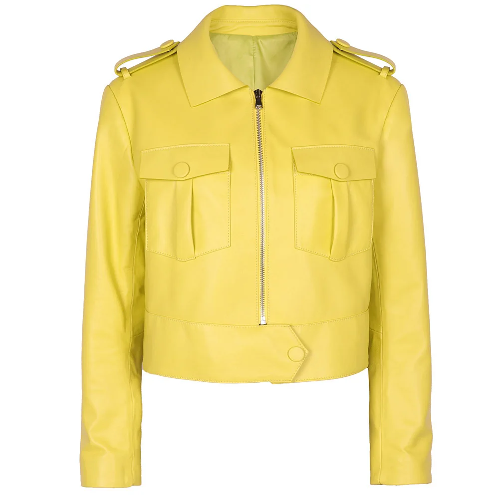 YOLOAgain Real Leather Crop Jacket Women Yellow Leather Shirt Blouses Lady