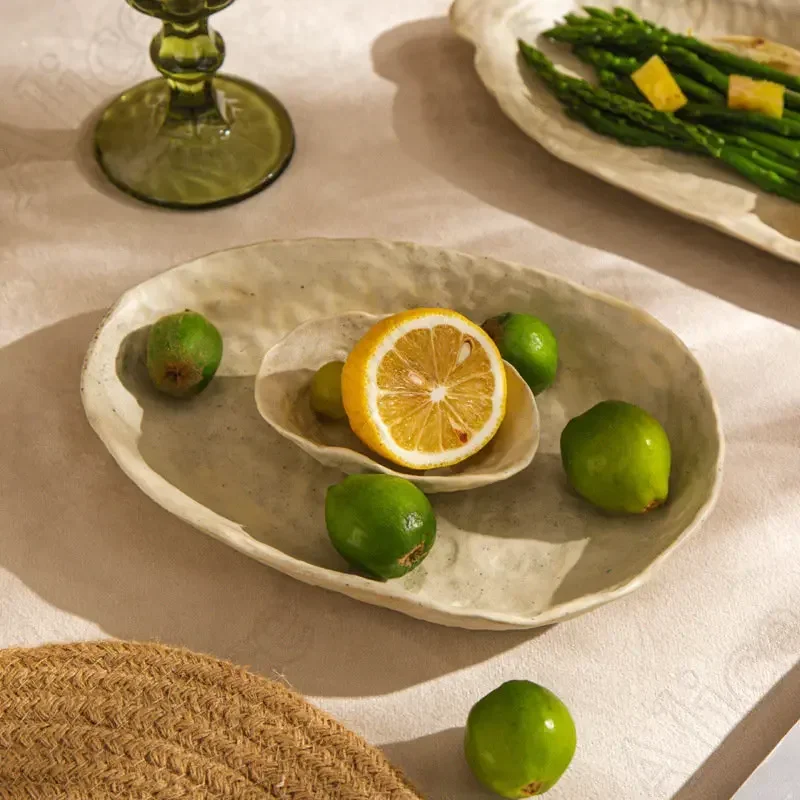 Good-looking Hand-kneaded Vegetable Plate Japanese-style Ceramic Handmade Plate Household Coarse Pottery Retro Fish