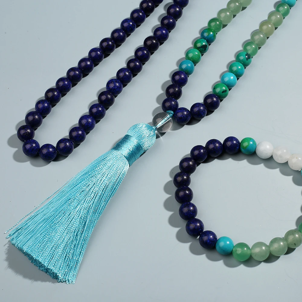 8mm Lapis Lazuli Phoenix Stone Turquoise Necklace Set 108 Mala Meditation Yoga Prayer Rosary for Men and Women Japamala Jewelry
