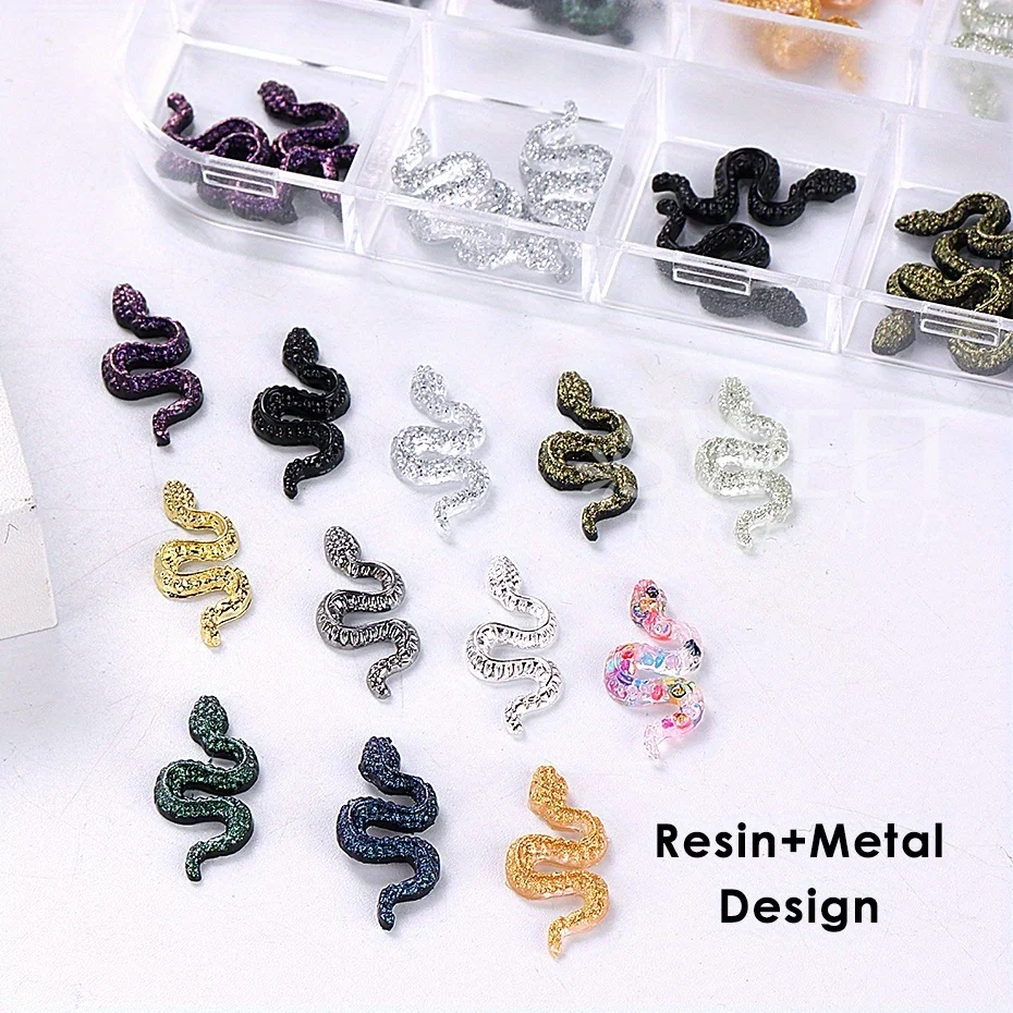 12 Grids Punk Gothic Snake Nail Decoration Charms Resin And Metal Design Shiny Jewelry DIY Halloween Holiday Style Manicure Part