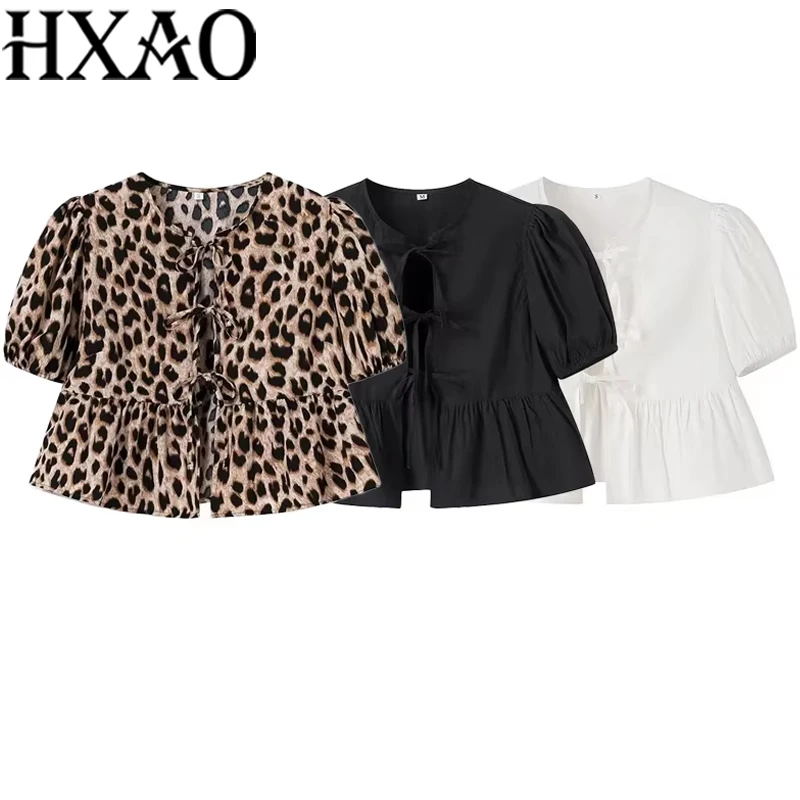 HXAO Top Women Shirts&Blouses 2024 Summer Cropped Casual Short Sleeve Tops Ladies Fashion Cute White Black Leopard Short Shirts