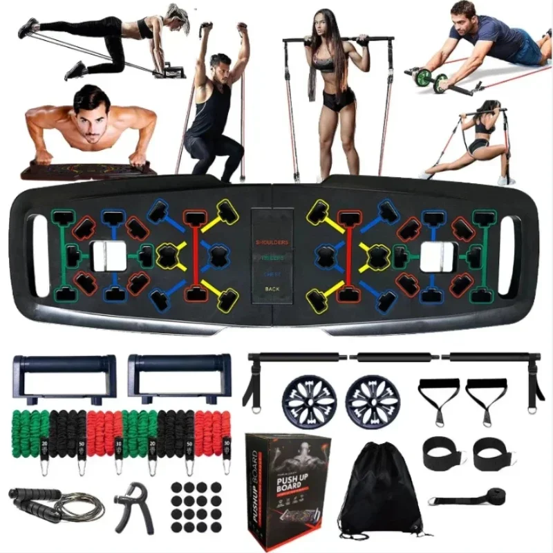 Portable Push-up Board,Multifunctional Push Up Board,Pilates Bar & 20 Fitness Accessories with Resistance Bands,Portable HomeGym