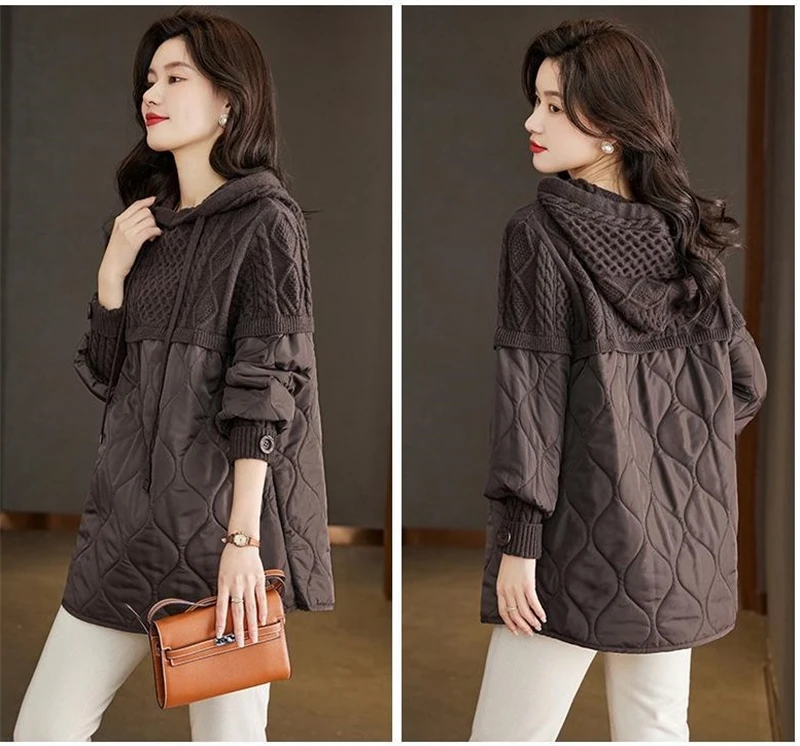 Down Cotton Jacket 2025 Comfortable Elegant Loose Women's Winter Parka Hooded Splicing Appear Thin Female Knitting Jacket
