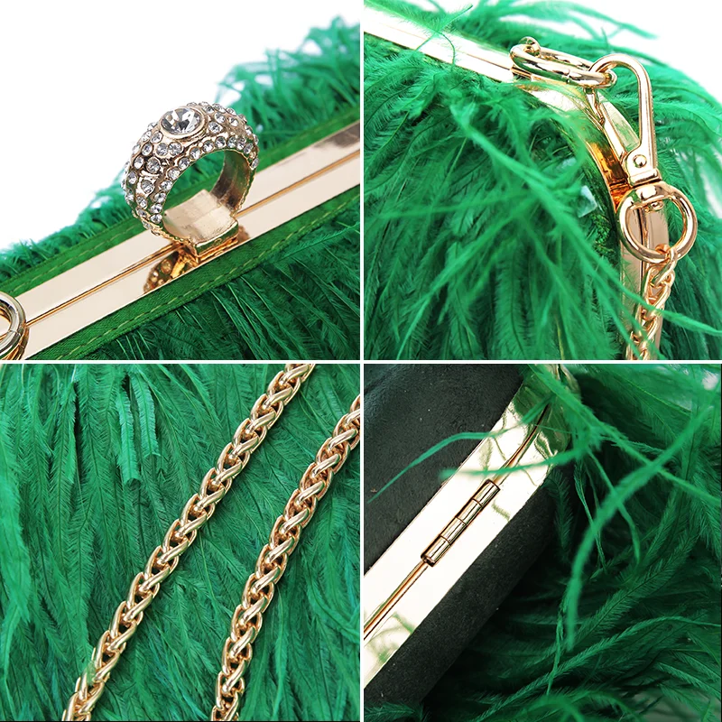 Luxury Ostrich Feather Party Evening Clutch Bag Women Wedding Purses and Handbags Small Shoulder Chain Bag Designer 16 Color
