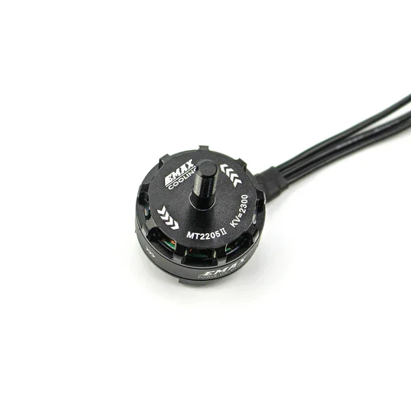 Moteur EMAX MT2205II 2300KV sans balais version CCW avec hélice montée, prêt pour drone FPV.