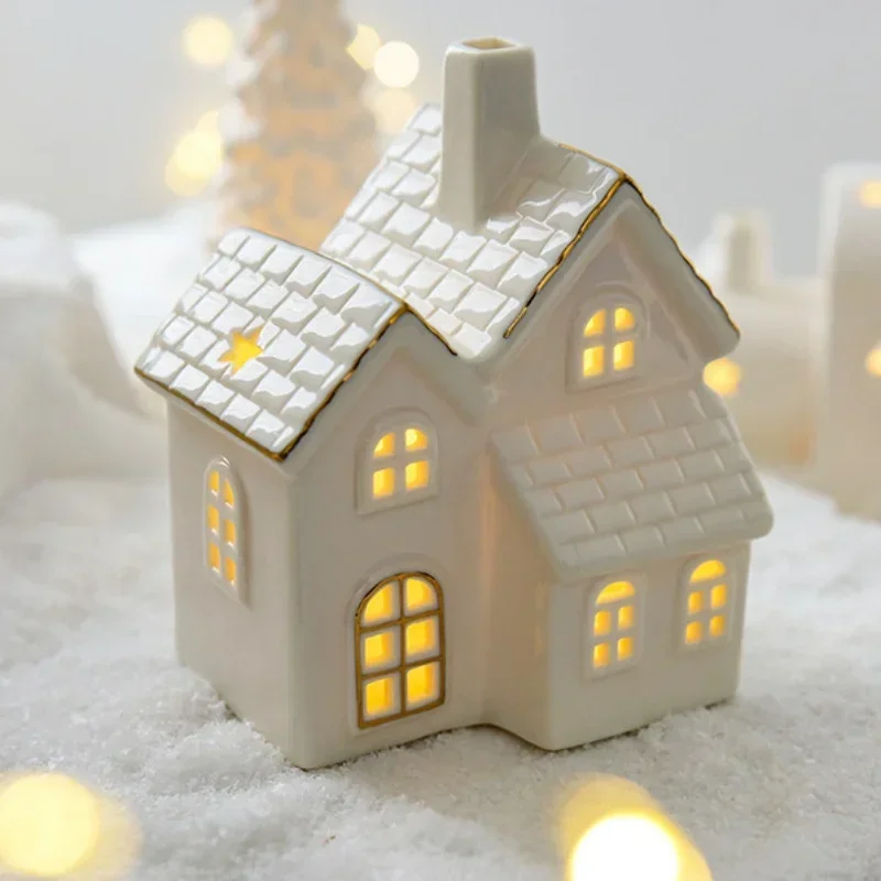 Miniature Christmas Village Houses Decor Snowflake LED Light White Porcelain Castle Desktop Ornament Christmas Decorations