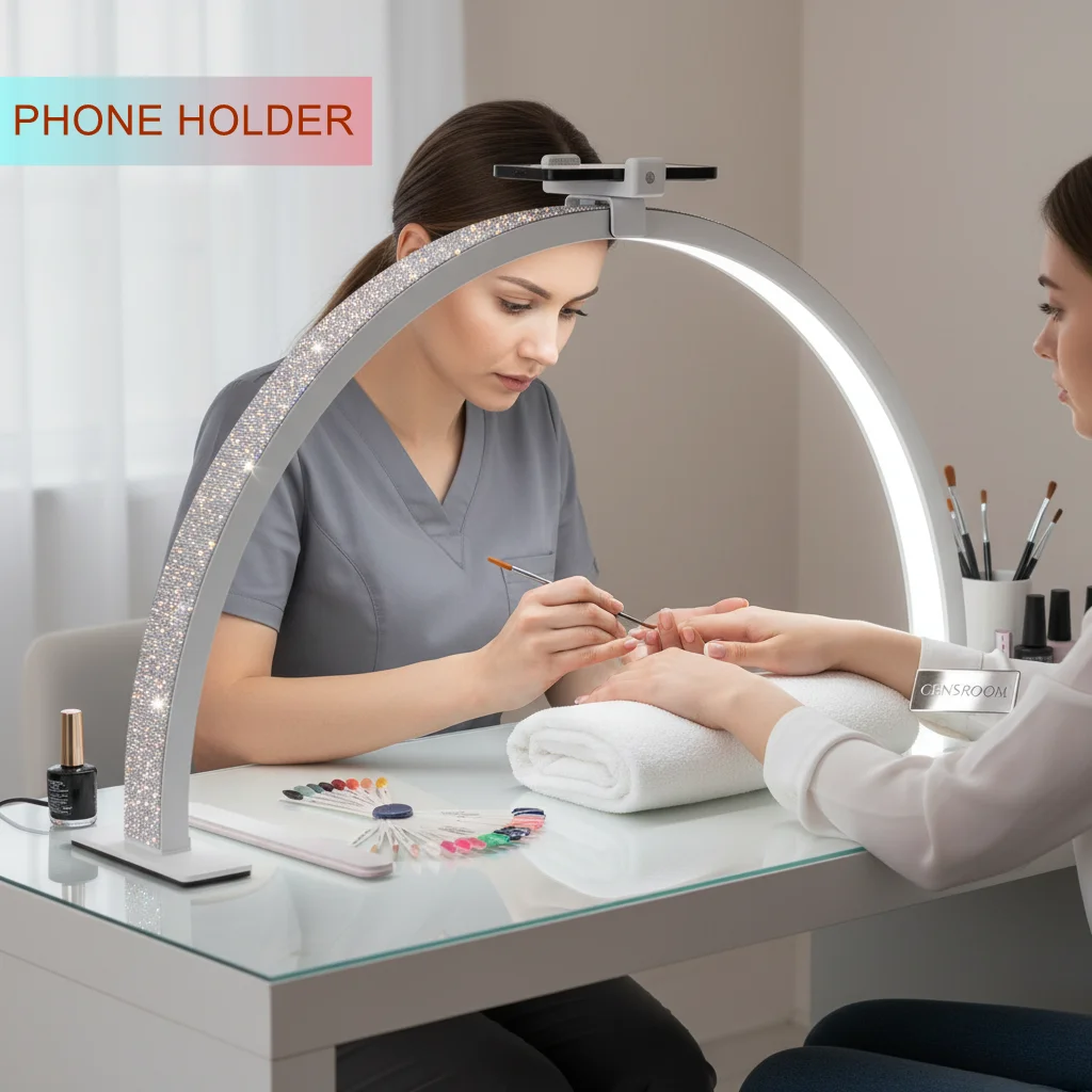 센스룸 30인치 크리스탈 아크 라이트 40W 3000K-6000K 반달형 LED 라이트 네일 테이블 램프 매니큐어 살롱 램프 다이아몬드 장식