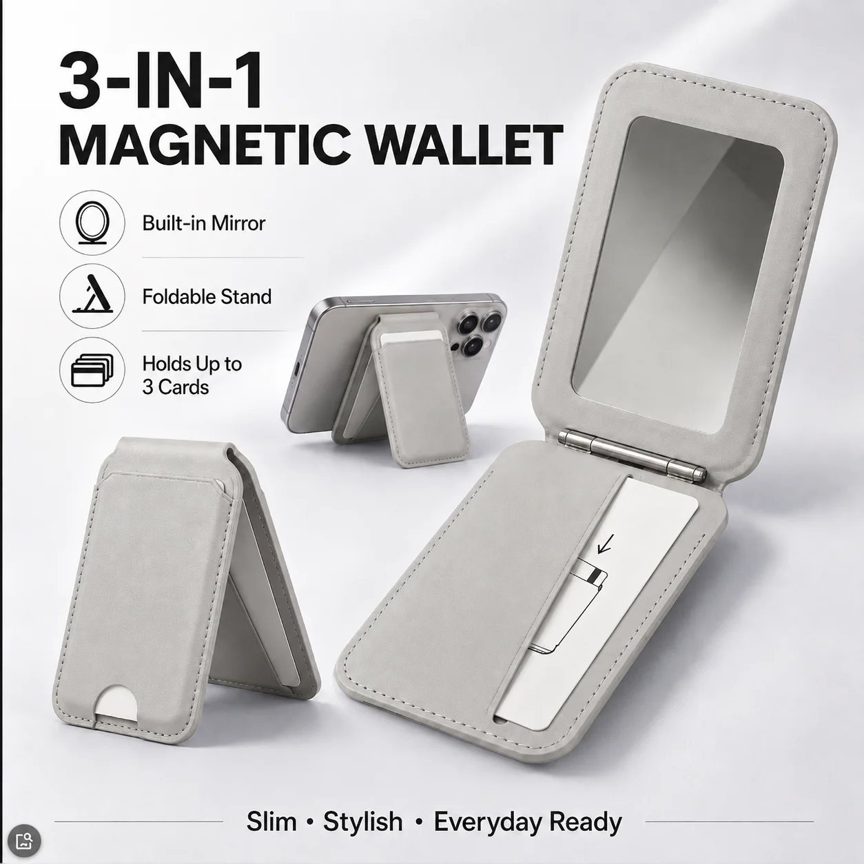 Compact Magnetic Leather Wallet with Mirror, Card Holder, and Foldable Stand