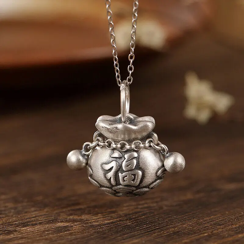 

Изысканные подвески в китайском стиле S999 из чистого серебра с матовой сумкой Moneybag на удачу