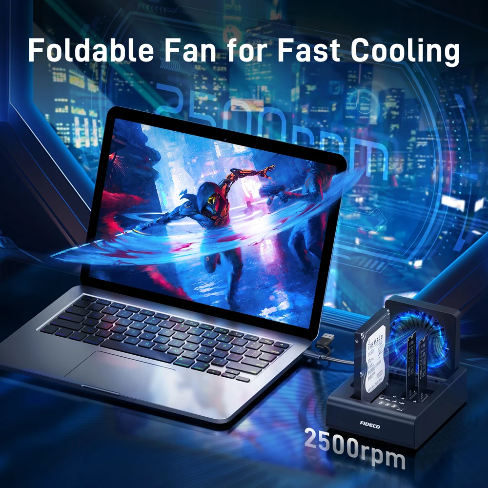 FIDECO 2/3 베이 하드 드라이브 도킹 스테이션 (M.2 NVMe SSD 및 2.5/3.5인치 SATA HDD용, 양방향 오프라인 복제 기능 및 팬 포함)