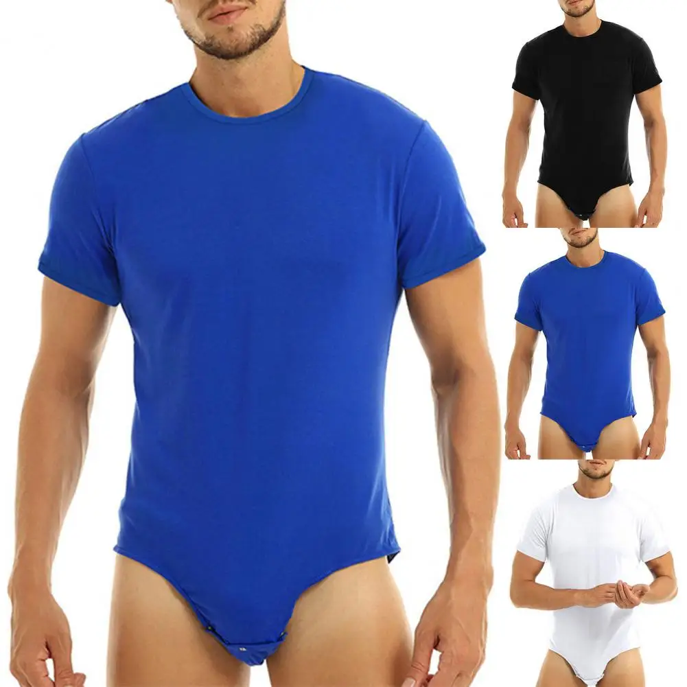 Men Adults Bodysuit Press Crotch Undershirts Short Sleeve Men Romper Pajamas Solid Color Bodysuit Pajamas Sleeping Supply
