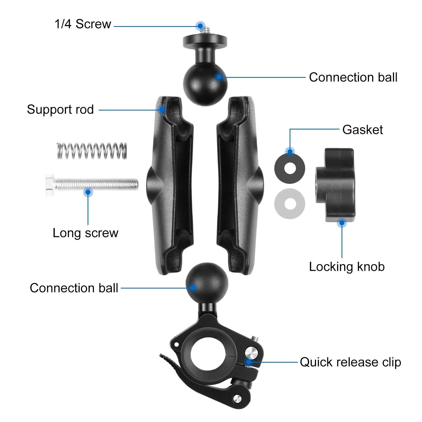 PULUZ 오토바이 알루미늄 합금 O-클립 퀵릴리즈 클램프 핸들 바 고정 마운트 거치대, GoPro 및 기타 액션 카메라용