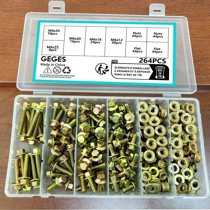 M6-264 flange hexagon head bolt and nut washer kit, 8.8 grade alloy steel color galvanized metric flange hexagon screw set.