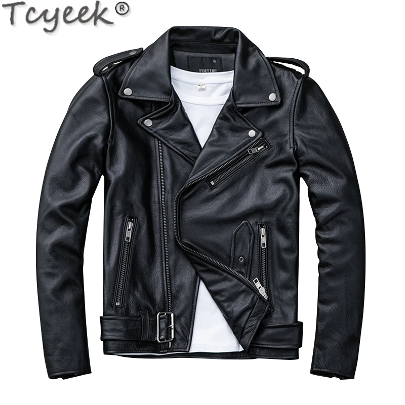 

Genuine Leather Jacket Men Pure Cowhide Jacket Coat Autumn Fashion Motorcycle Lapel Collar Short Slim Belt Jacket Special Offer