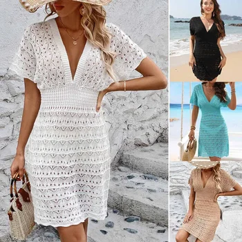 Womens Boho Summer Dresses Deep V Neck Short Sleeve Beach Hollow Knitting Sundress Swimsuit Cover Up платье женское 1