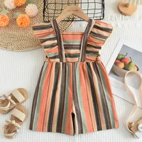 Korean Vertical Stripe Printed Girls' Clothing Cute Short Style Flying Sleeve Children's Jumpsuit Casual Simple One Piece Set