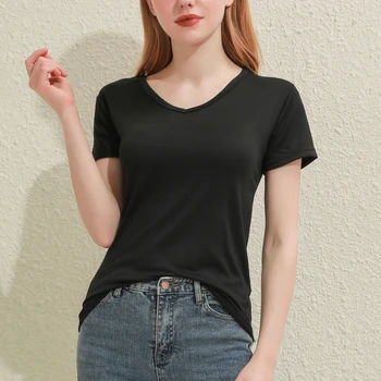 2025 Short T-Shirts Summer Women's Short Sleeve Round Neck Casual Blouse Shirts Solid Color Tops  Black / White 1