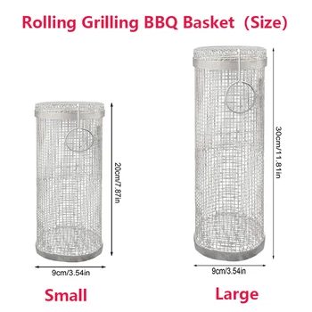 New Rolling Grilling BBQ Basket Stainless Steel Leakproof Mesh Barbecue Rack Outdoor Picnic Camping Simple Cylindrical BBQ Grill 5