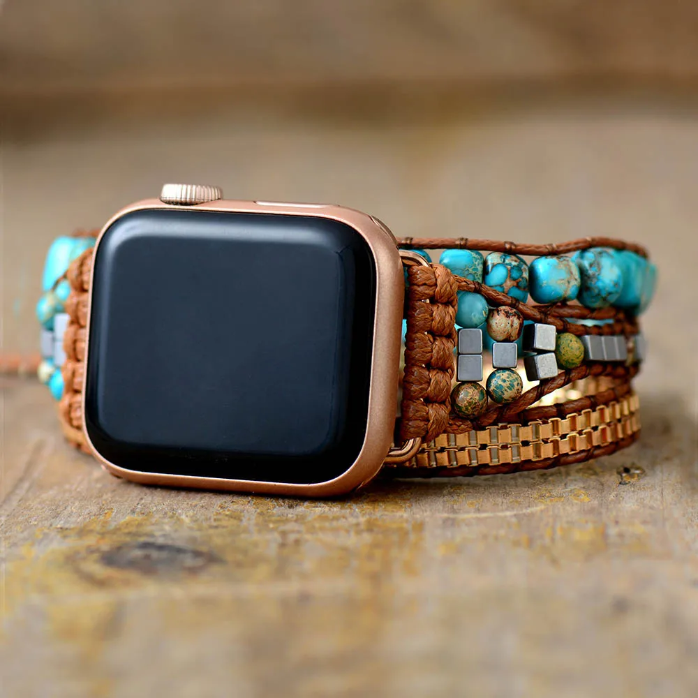 Standout Natural Stone Aple Men Women Watch Band Beads Boho 3X Wrap Vegan Rope Watch Strap Wrist Band Bracelet Accessories