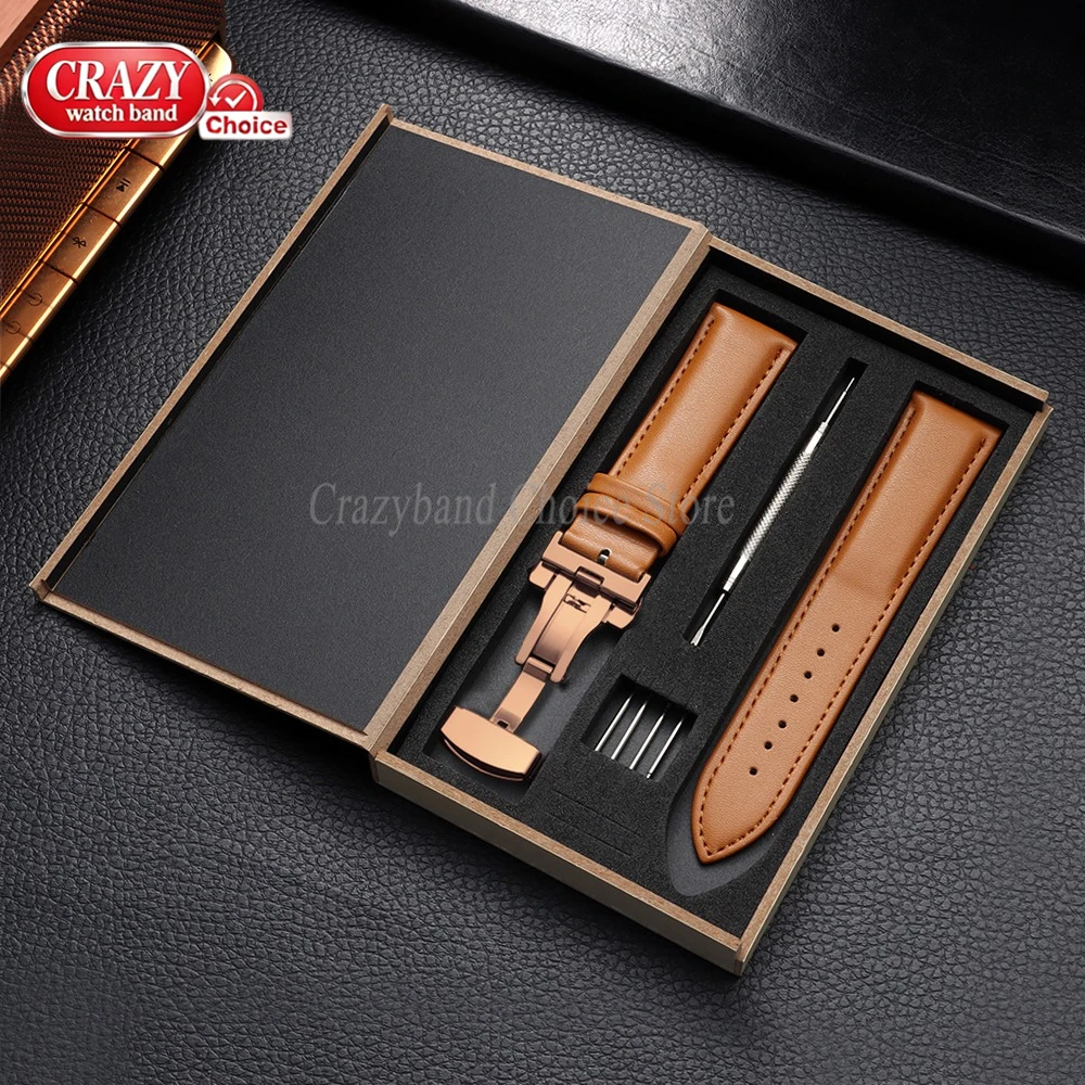 Elegant Brown Leather Watch Strap with Butterfly Buckle - Universal Fit for Business & Casual Wear