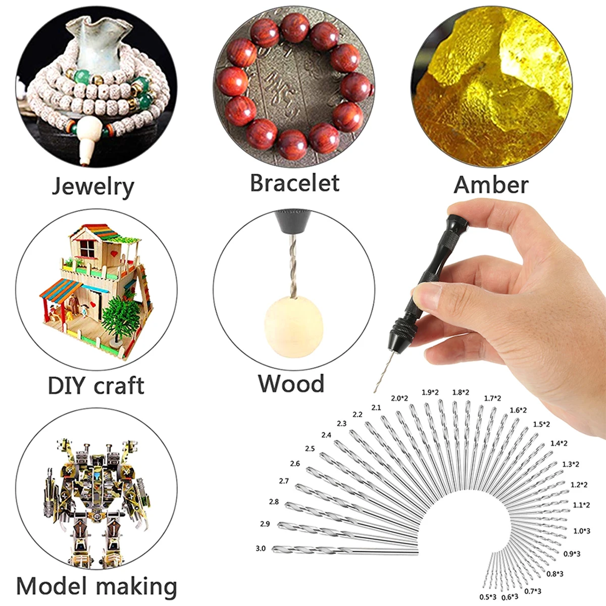 Hand Drill Set 49pcs 0.2-3.4mm Mini Aluminum Drill Bit Jewelry Craft Manual Woodworking Tools