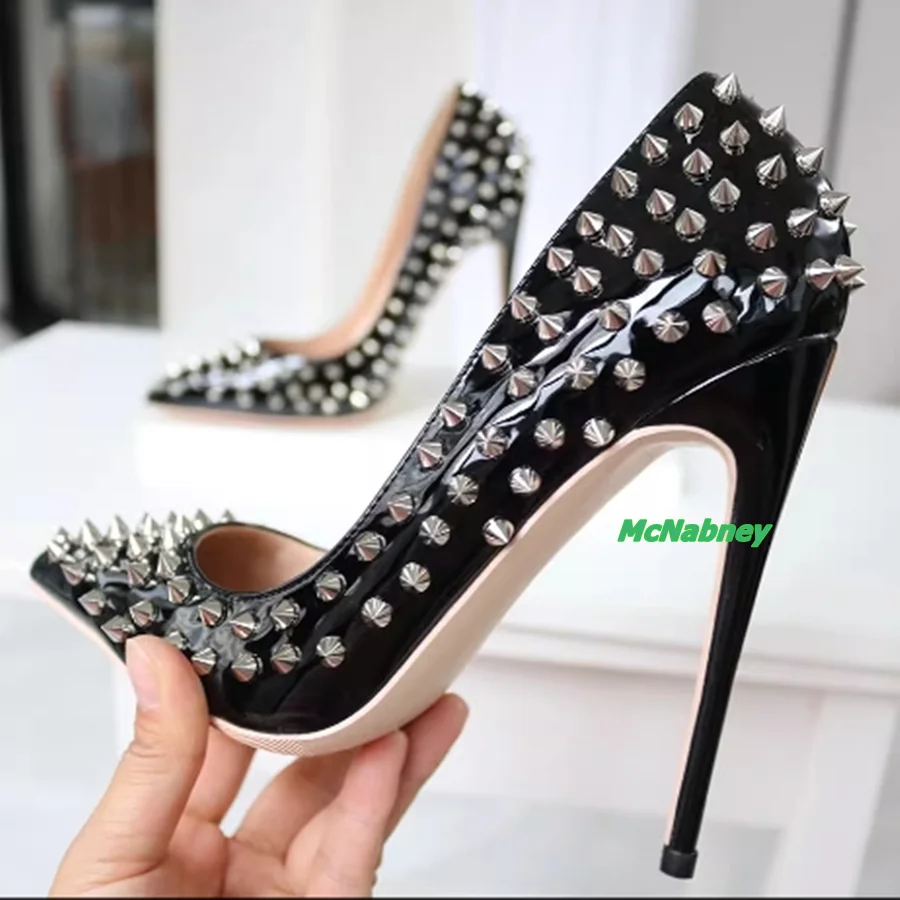 

Round Studded Leather Pumps,Pointed Toe Stiletto High Heel Shoes Women Shoes Wedding Party Heels 8cm 10cm 13cm 2023 Plus Size