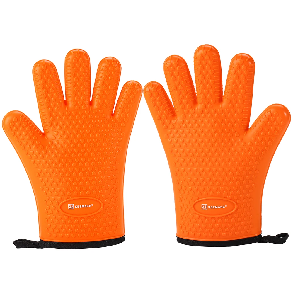 

KEEMAKE Silicone Oven Mitts Heat and Cold Resistant BBQ Grilling Gloves Waterproof Double Protection for Fingers Orange Gloves